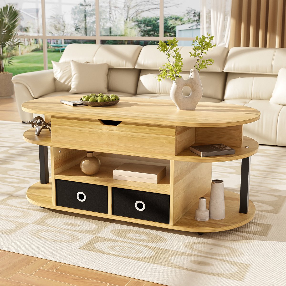 REDOM Salontafel 105x50x45/60 cm van spaanplaat, met hefblad en 2 stoffen lades