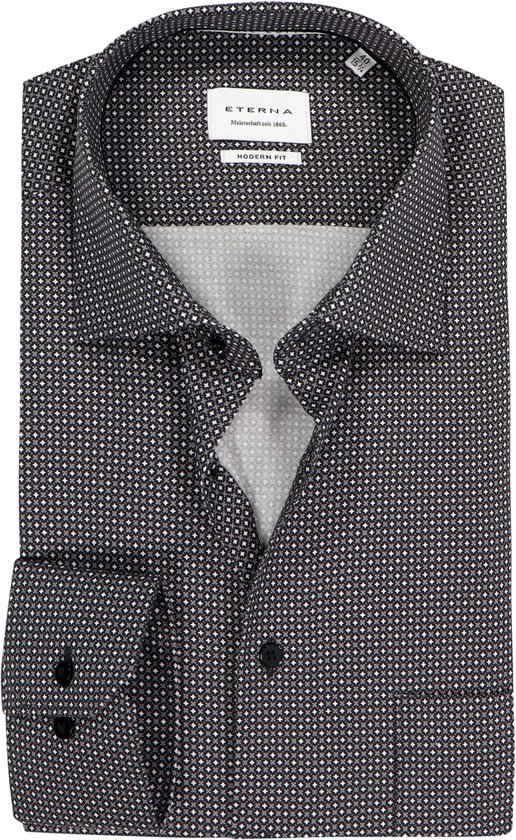ETERNA modern fit overhemd - twill - zwart met grijs en wit dessin - Strijkvrij - Boordmaat: 42