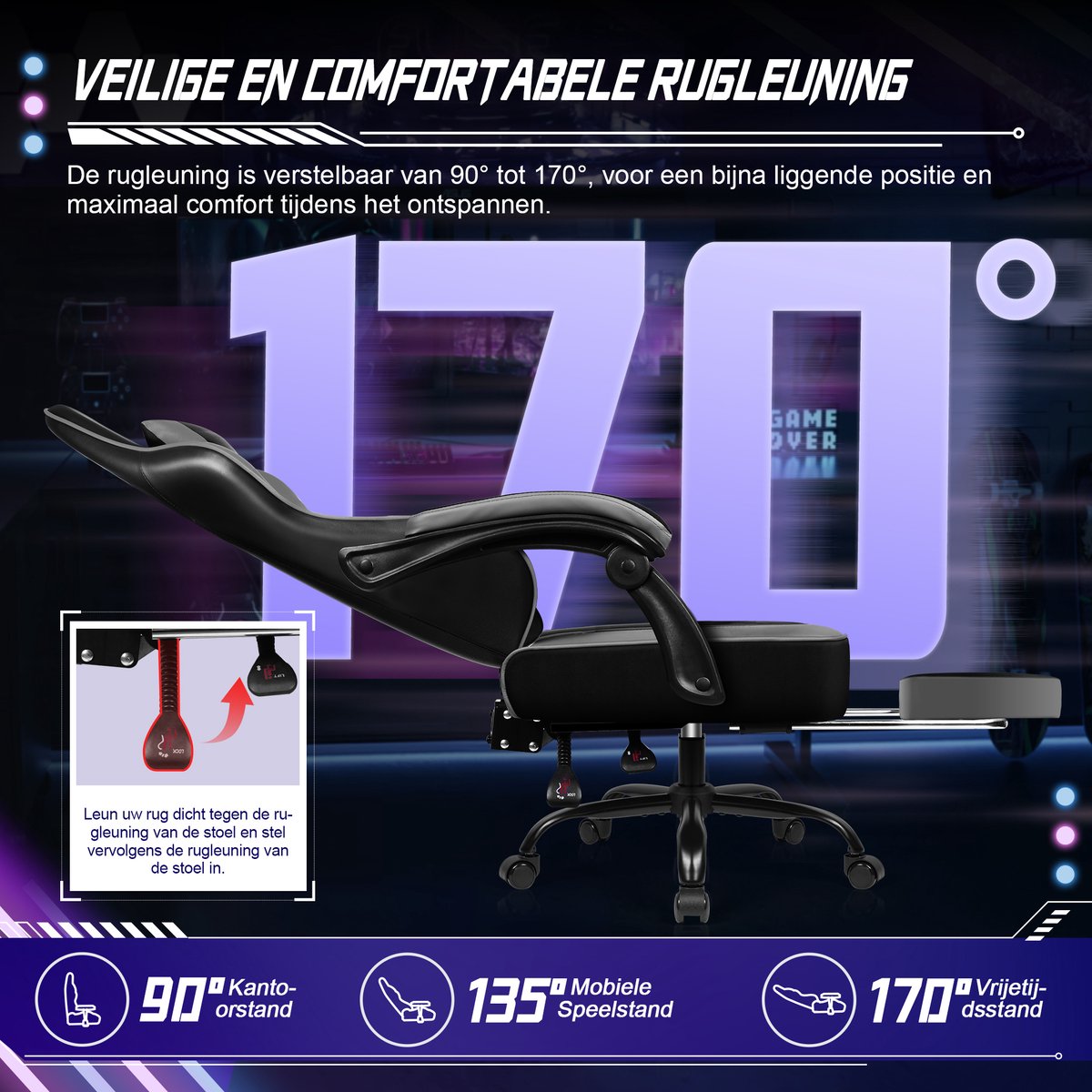 Hiaonyx Gaming Stoel - 170° Verstelbare Rugleuning - Gaming Stoel met inklapbare Voetsteun - racerstijl - Geïntegreerde Armleuningen - Maximale Belastbaarheid 150kg - met stille wielen - Zwart Grijs – foto 4