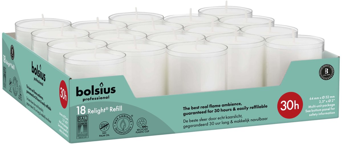 Bolsius Horeca Relight Navullingen 64/52 Wit (18 stuks)