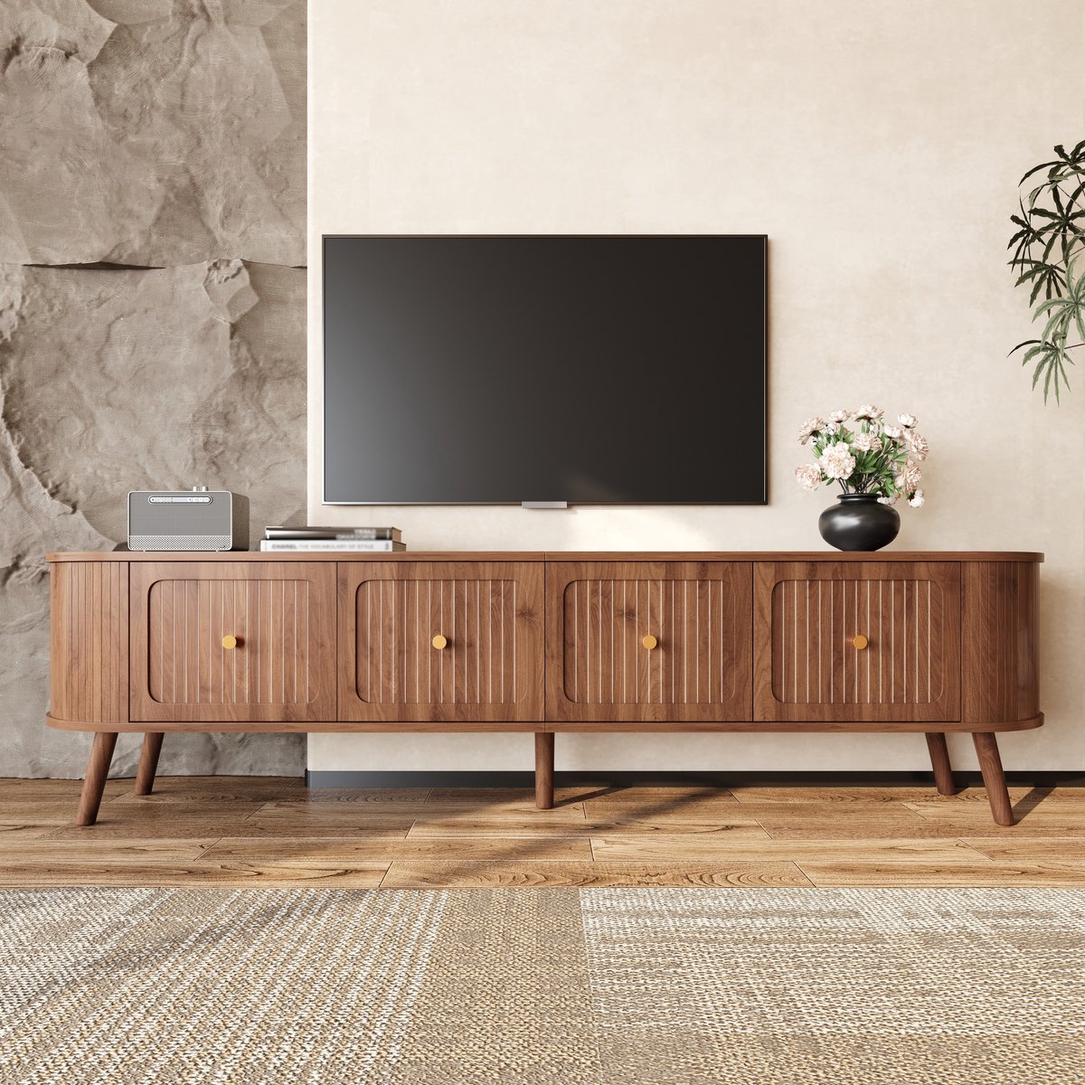 PHOEBE CAT Tv-kast - Metalen handgrepen - Houten poten - 180 x 38 x 47 cm - Walnoot afwerking