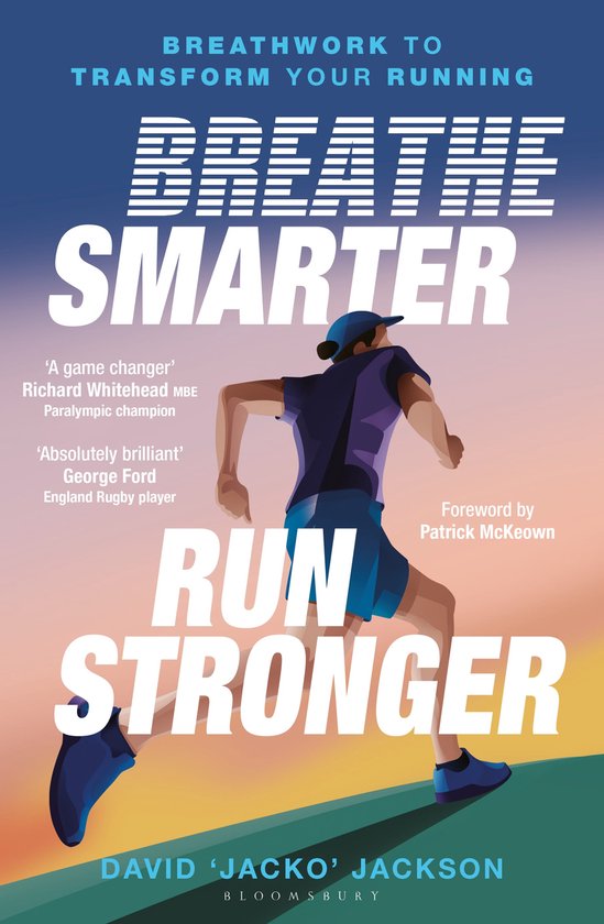 Boekomslag met de titel 'Breathe Smarter, Run Stronger'. Een man in sportkleding rent naar rechts.