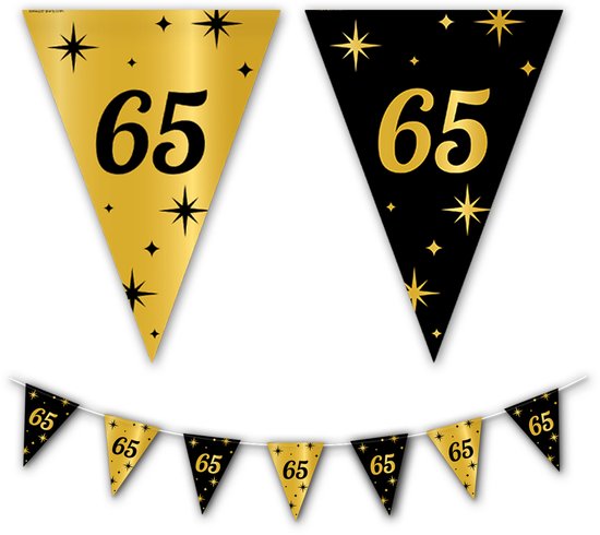 Gouden en zwarte slingers met sterren en het cijfer "65".
