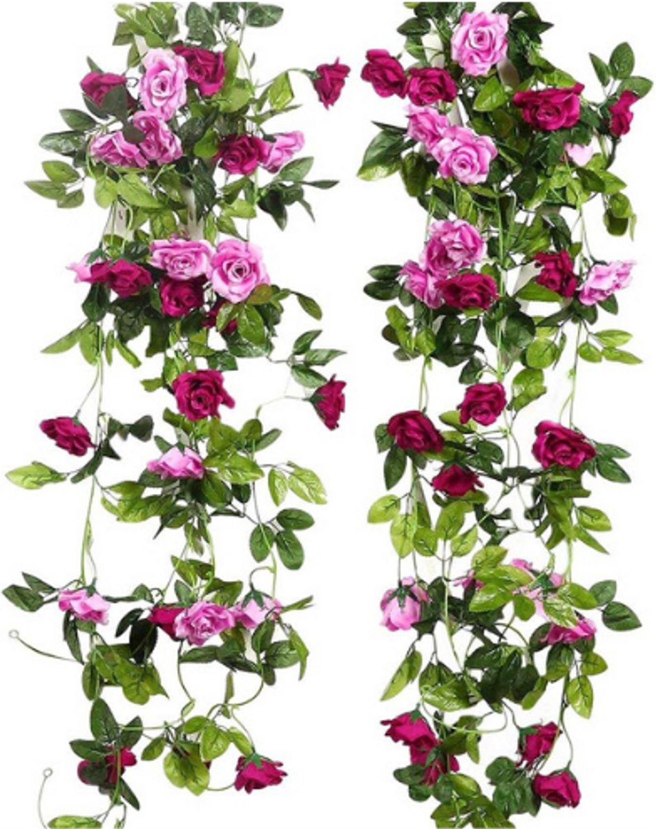 BOG 2 Stuks Kunstrozen Slingers 240 Cm – Twee Kleurige Hangende Zijdebloemen In Magenta – Decoratie Voor Bruiloft – Muur – Binnen En Buiten