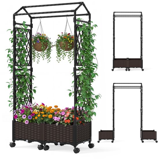 COSTWAY Bloembak met klimrek en hangend dak, 163 cm, 2-in-1 rozenboog met 2 plantenbakken, tuinboog op wielen, metaal en PP-rotan, klimrek voor klimplanten (Bruin)