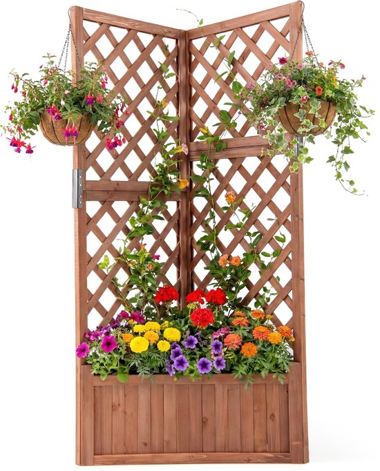 COSTWAY Bac à fleurs avec treillis grimpant, jardinière d'angle en bois, lit surélevé avec treillage et trou de drainage, pot de fleurs pour plantes grimpantes, jardin, cour, balcon, treillis de jardin, support de grimpante, 55 x 55 x 140 cm(Marron)