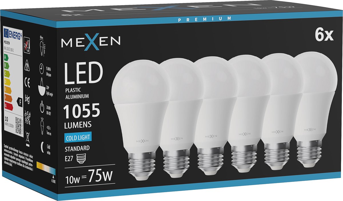 Mexen Nova 6x LED Lamp E27, A60, 10W, Koud - 6500K, 1055 lm - L100-E27-1065-01x06