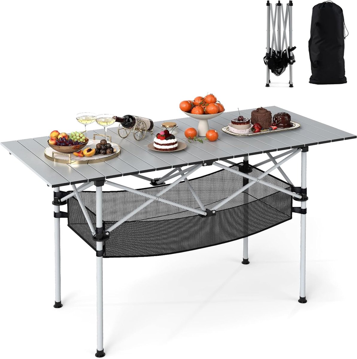 KOMFOTTEU Klaptafel van aluminium, draagbare campingtafel met luierplaat, netmand en draagtas, ruimtebesparende picknicktafel voor buiten, 119 x 55 x 69 cm (zilver)