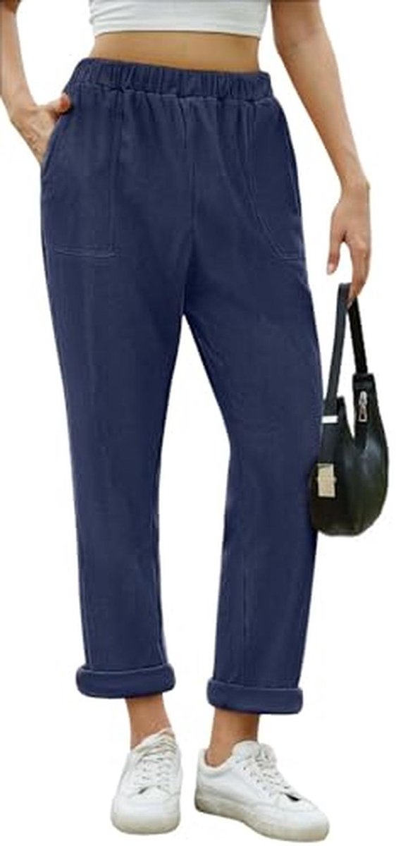 Damesbroek van Corduroy met Elastische Taille en Zakken - Comfortabele Losse Pasvorm en Volledige Lengte