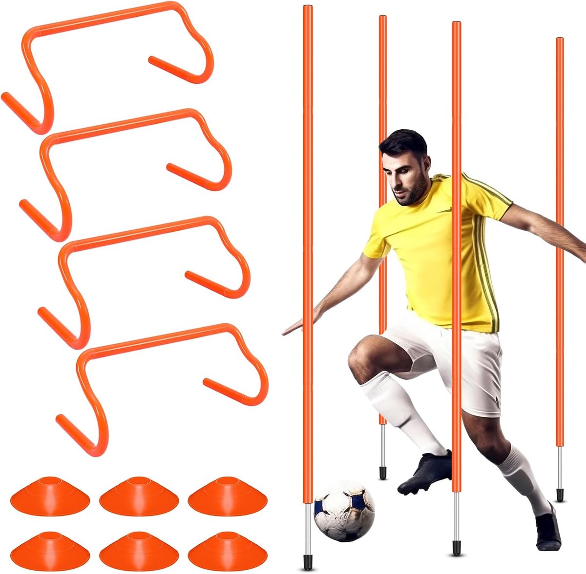 Voetbal Trainingsset - Snelheid & Wendbaarheid - Atletische Prestaties Verbeteren - Complete Set Inclusief Palen Hurdles Kegels - Verstelbaar - Oranje