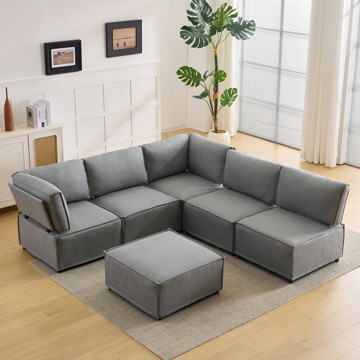 REDOM Modulaire 6-zits Hoekbank - Flexibel koppelbaar en om te bouwen tot bed - Eenvoudig ontwerp voor woonkamer - Multiplex - Lichtgrijs - 308 x 152 x 77 cm