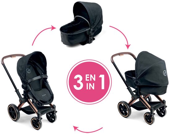 Diagram van een zwarte 3-in-1 poppenwagen met bruine handvatten en koperkleurig frame.