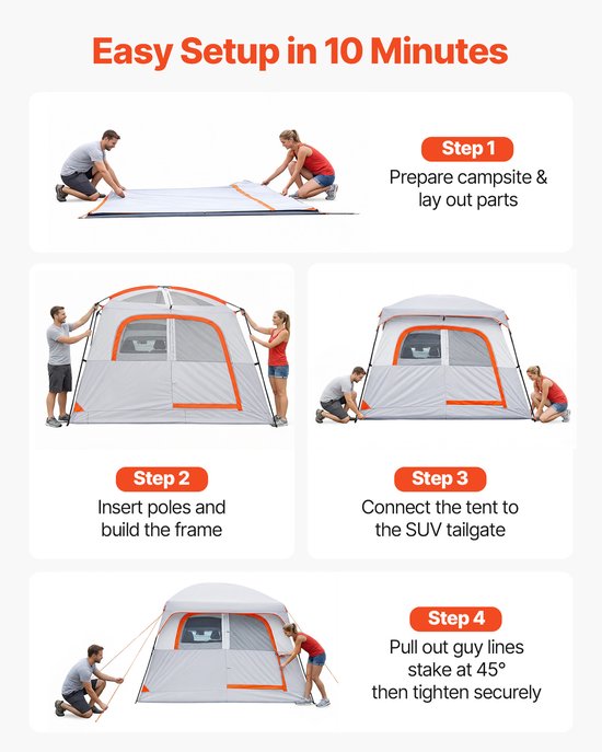 VEVOR Achterkleptent, Autotent voor 6 Personen, 3048 X 2743 X 2200 mm, Waterdicht (Pu2000 mm) Kampeertent met Geventileerde Deuren En Muggennetten, Achterkleptent voor Suv's voor Kamperen, Wandelen En Andere Buitenactiviteiten — afbeelding 4
