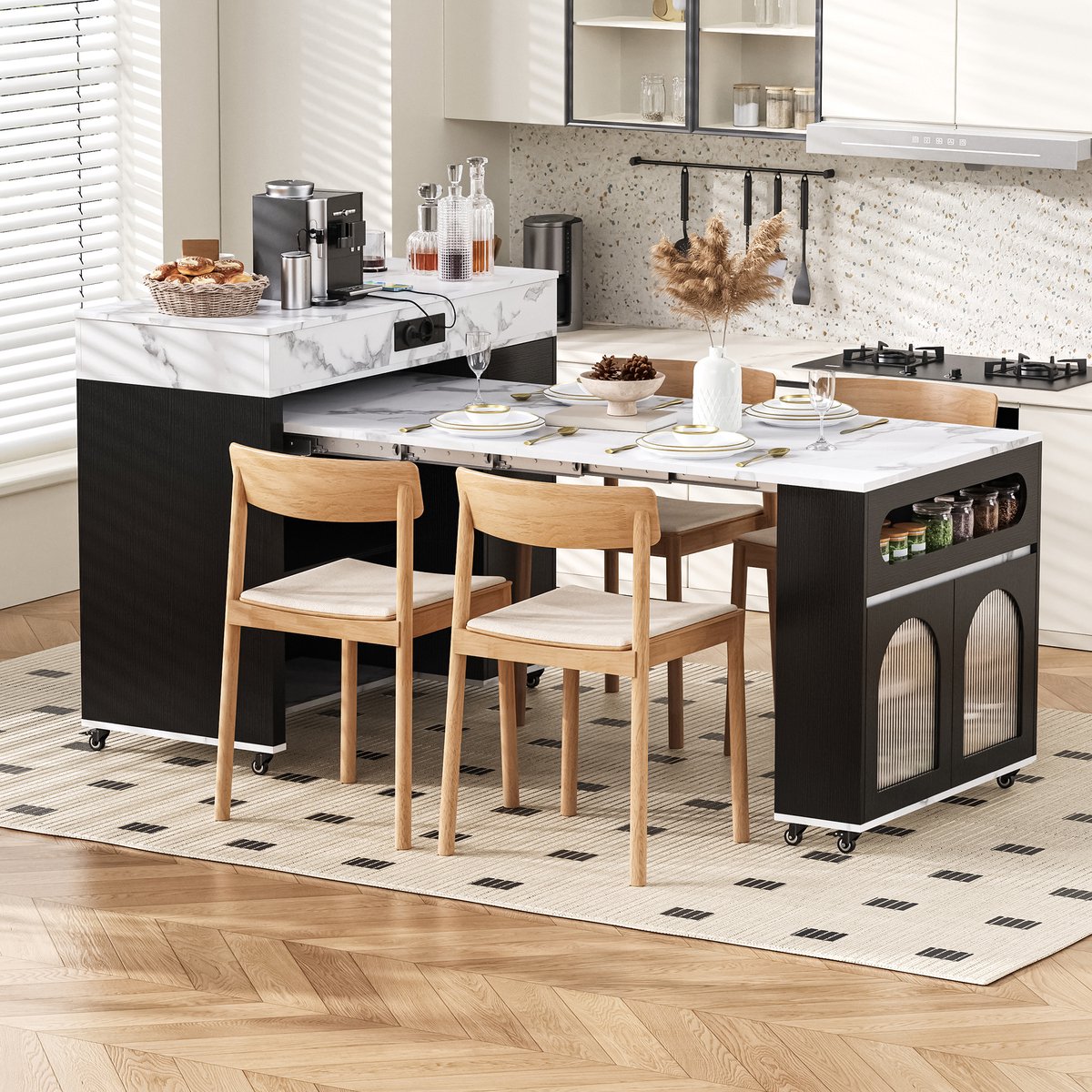 Wishdor - Keukeneiland Met Uitschuifbaar Tafelblad En Stopcontacten - Scandinavisch - Voor Keuken En Eethoek - MDF - Zwart