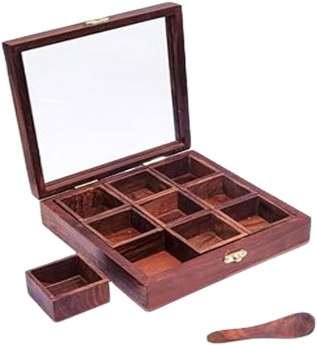 Kruidenbox Hout - Masala Opslag - Keuken Organisatie - Negen Compartimenten - 840 Gram - Bruin