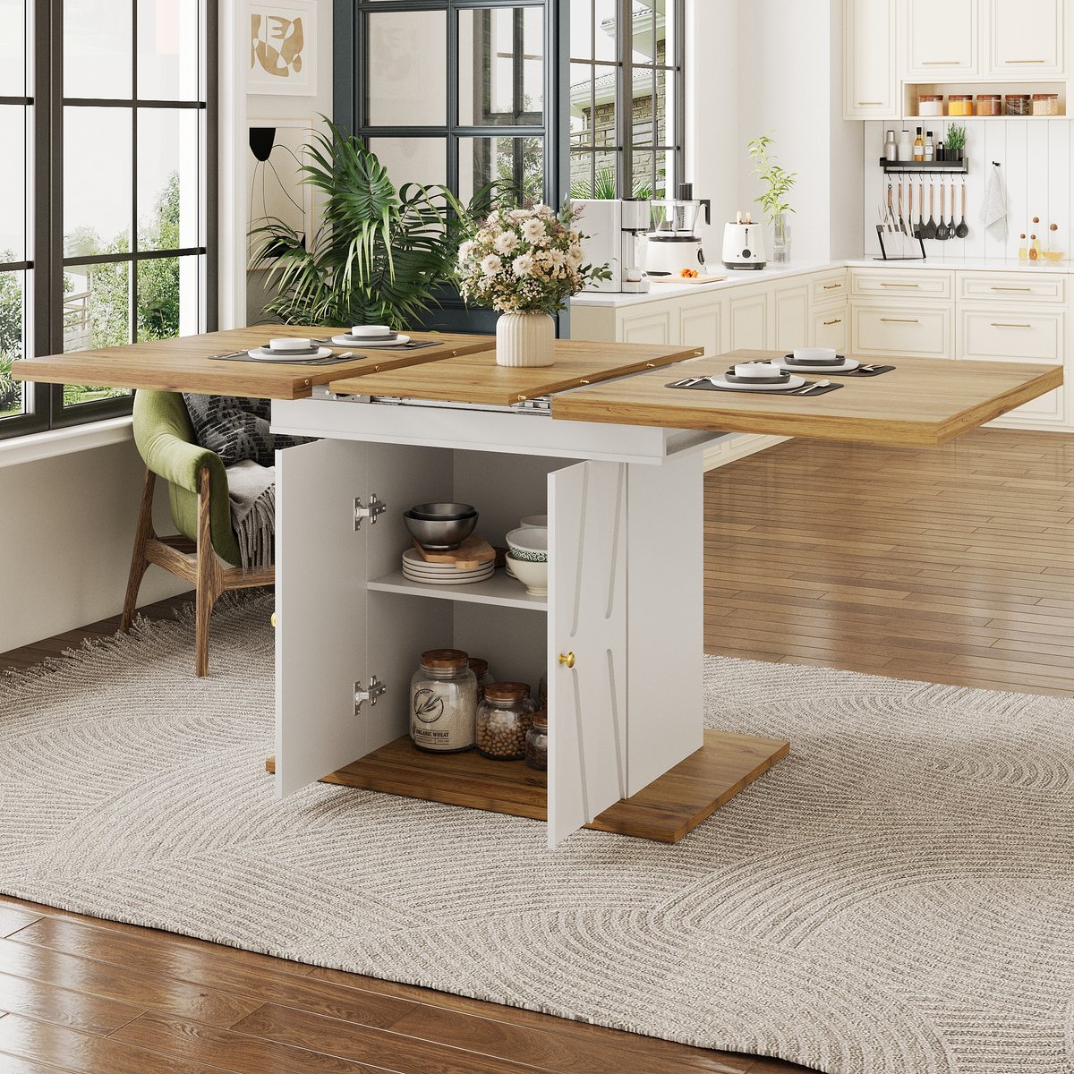 Wishdor - Eettafel - Uitschuifbaar En Met Opbergruimte - Reliëfdesign - Keuken En Woonkamer - MDF En Metaal - Wit - 110-140 X 70 X 76,5 Cm
