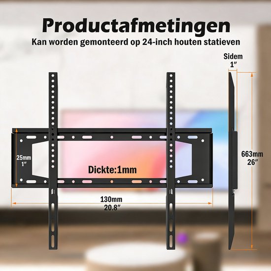 Afmetingen van de zwarte tv-beugel: breedte 130cm, hoogte 66.3cm, diepte 2.5cm.