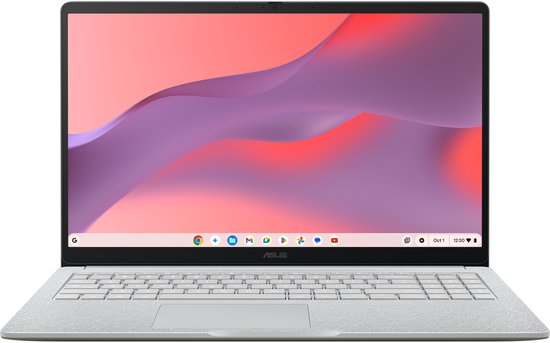 Zilveren ASUS Chromebook CM1505 frontaal, met een kleurrijk bureaublad.