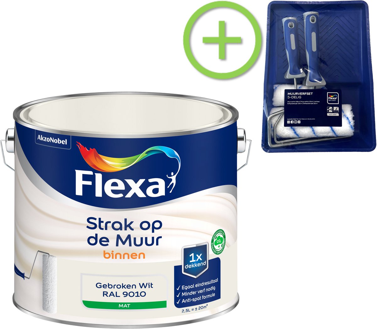 Voordeelpakket Flexa Strak Op De Muur Muurverf - Mat - 2,5 Liter - Gebroken Wit / Ral 9010 + Muurverf Roller - 5 Delig