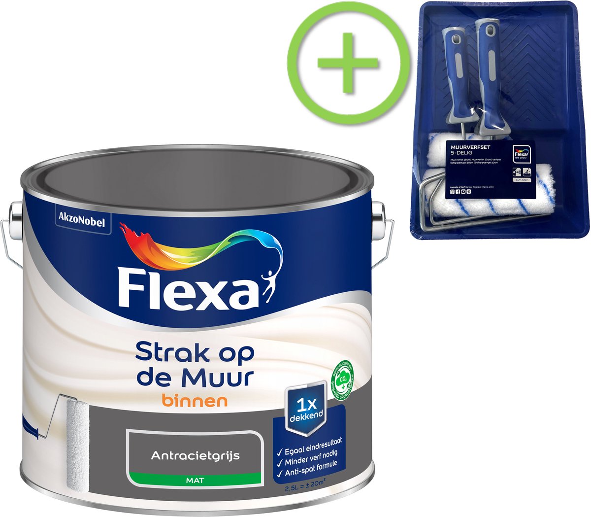Voordeelpakket Flexa Strak Op De Muur Muurverf - Mat - Antracietgrijs - 2,5 Liter + Muurverf Roller - 5 Delig