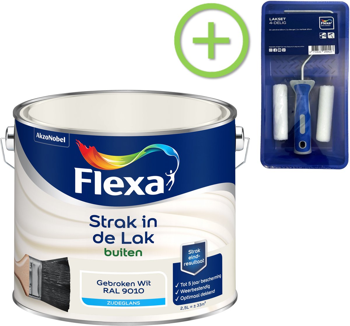 Flexa - Strak In De Lak Buitenlak Zijdeglans - Gebroken Wit / Ral 9010 - 2,5 L + Gratis Flexa Lakset 4-Delig
