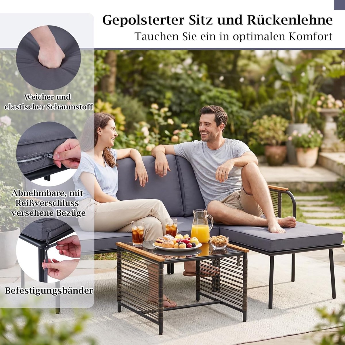 3-delige L-vormige Tuin Loungeset 166x118x78 cm - Outdoor Rotan Bankset met Kussens en Bijzettafel – Weerbestendig & Comfortabel – Laura