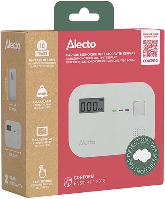 Alecto COA3910 Koolmonoxidemelder met display - 10 jaar sensor - Voldoet aan Europese norm EN50291 - Wit