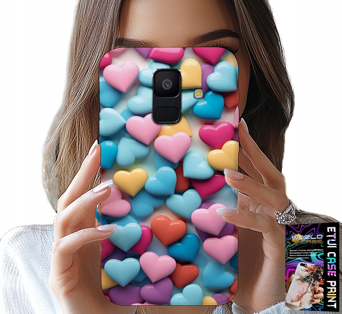 HOESJE VOOR SAMSUNG A6 2018 - KLEURRIJKE HARTJES, MOGELIJKHEID TOT PERSONALISATIE