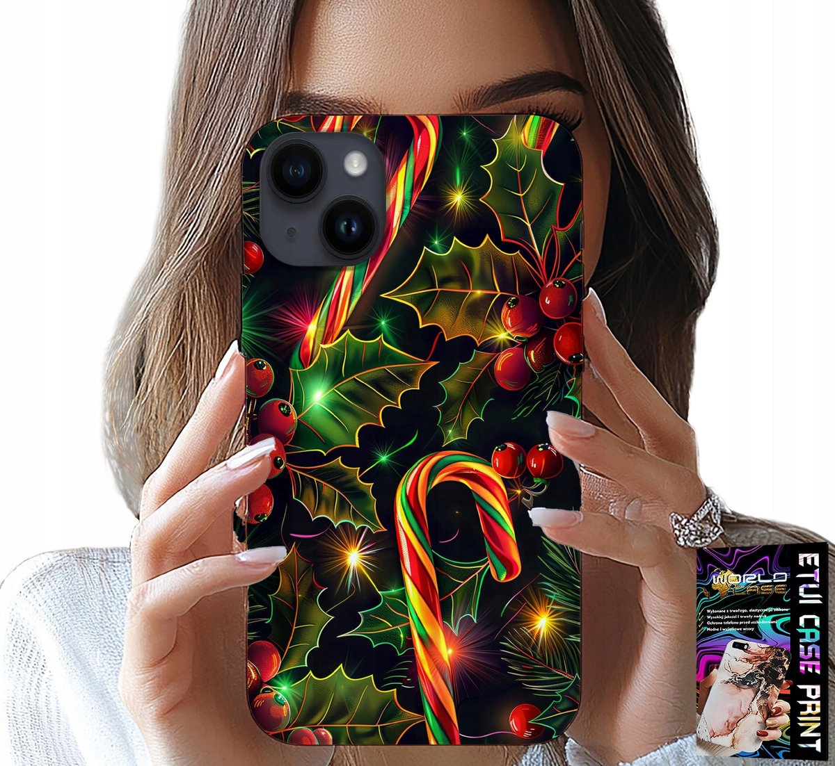 iPhone 15 hoesje - Suikerstok, maretak, kerstboom + glas