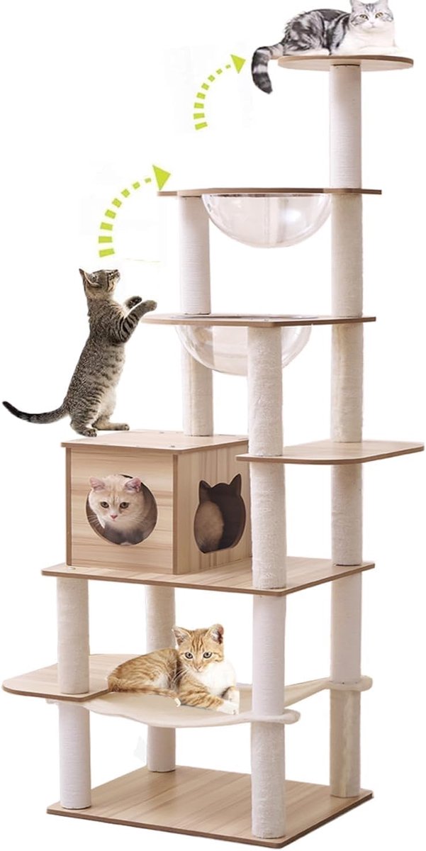 Kattenboom XXL - Krabbesteding Meubel - Spelen Klimmen Rusten - Meerdere Niveaus Grot - 193 cm Hoog - Wit Houtkleur