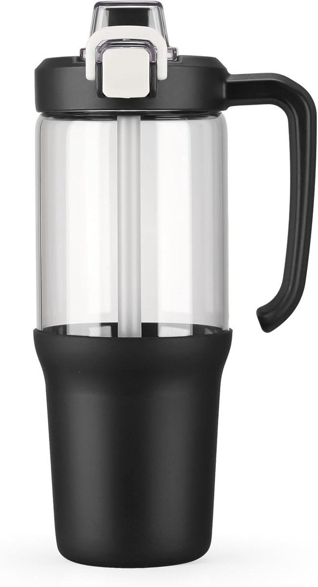Waterfles met Rietje - Glazen Drinkbeker - Hydratatie Onderweg - Borosilicaatglas Coating - 1 Liter Inhoud - Zwart