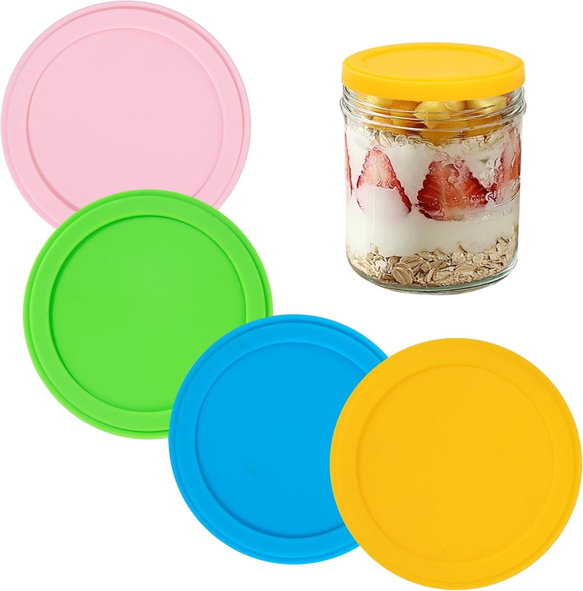 Yoghurt Deksel - Herbruikbaar Siliconen Deksel - Voedsel Bewaren - Past op Diverse Potjes - Diameter 97 cm - Meerkleurig