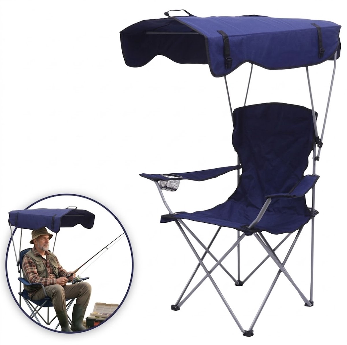 Opvouwbare Campingstoel met Zonnedak – Lichtgewicht Strandstoel met Bekerhouder – Draagbare Vouwstoel – 120 kg Belastbaar – Ideaal voor Strand, Camping & Tuin