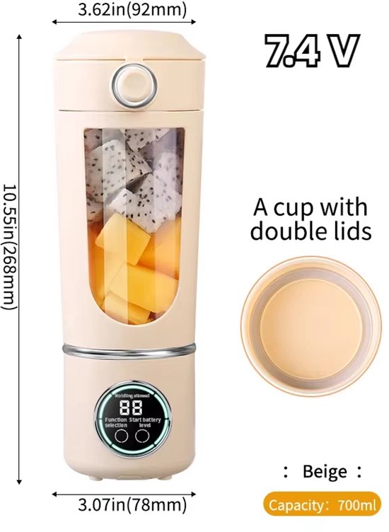 Draagbare Blender 700ML - Smoothie Maker en Juicer 2-in-1 met 12 Messen, USB Oplaadbare Mini Blender voor Shakes, Smoothies en Fruitmix - Beige van Merkloos — afbeelding 5