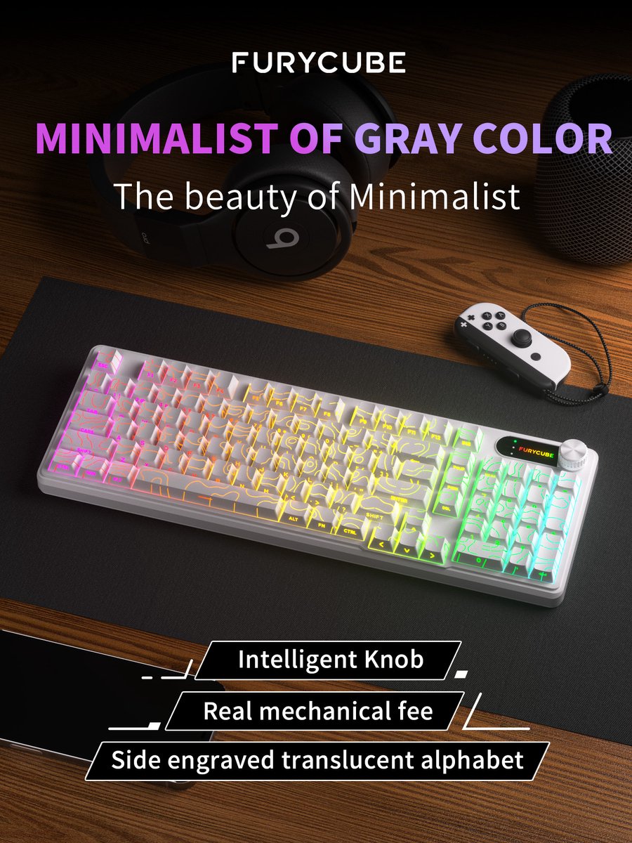 FURYCUBE IP98 - 95% Bedraad Gaming Toetsenbord - 98keys - RGBVerlicht toetsenbord -TFT Scherm - Multifunctionele Draaiknop -RGB - Side Printed PBT Keycaps - mechanisch gevoel - Stil toetsenbord - Comfortable to the touch -White Contour Line thumbnail 5