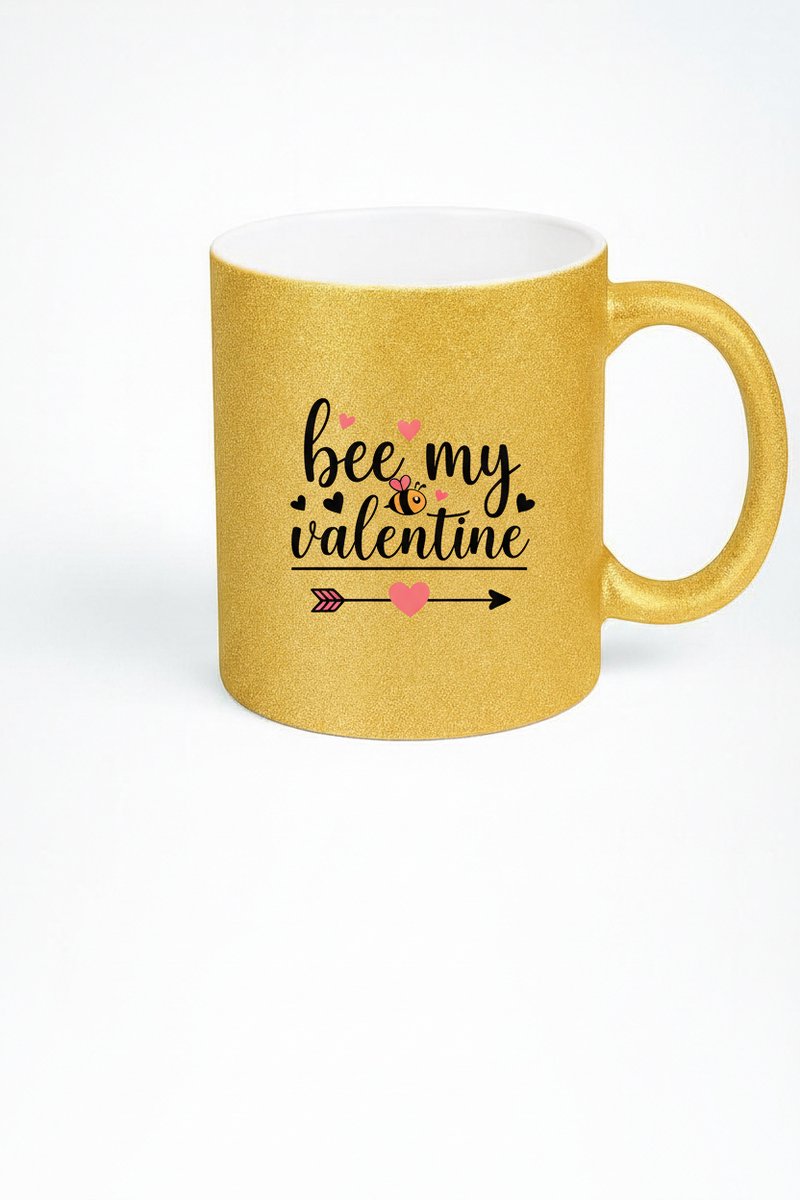 Gouden Glitter Mok "Bee My Valentine" - Uniek Valentijnscadeau