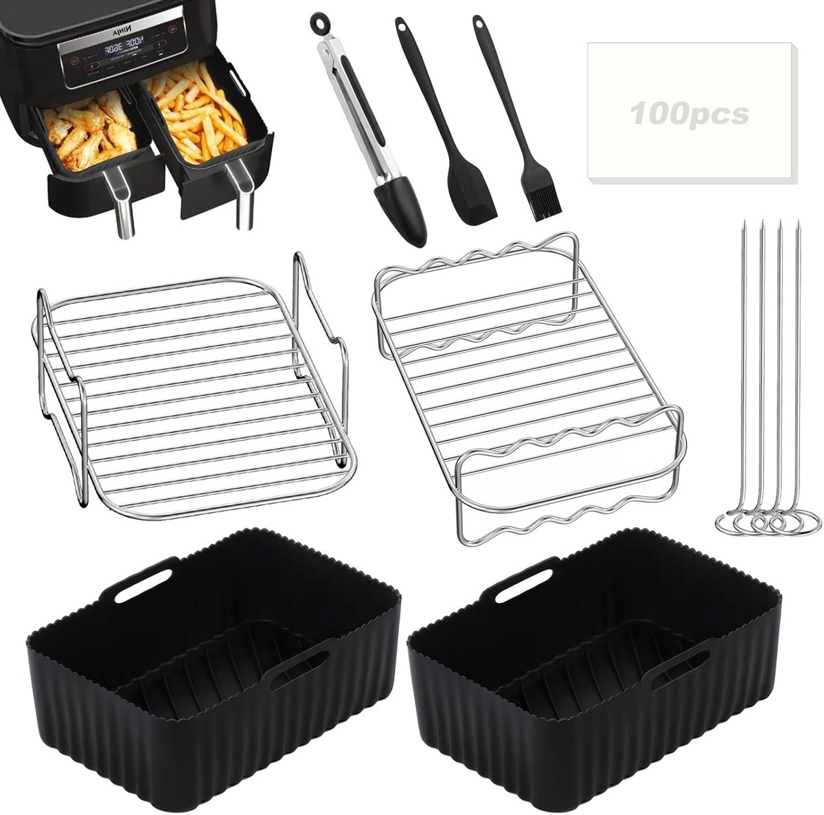 Siliconen Air Fryer Liners, Set van 8 Accessoires Compatibel met Ninja Dual AF300UK AF400UK & Tower T17088, Herbruikbare Liners & Racks & Paper Lining
