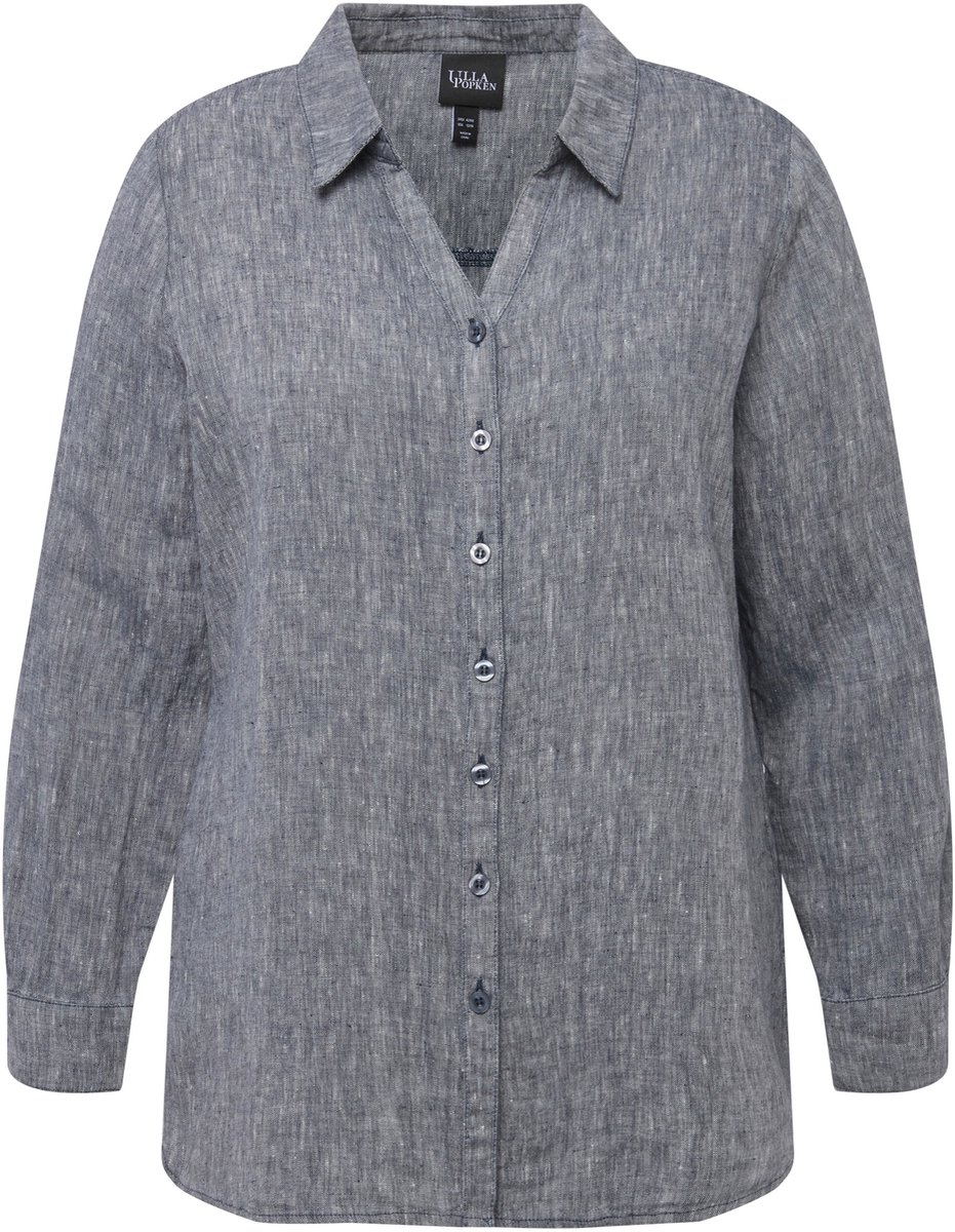 Ulla Popken - Dames - Blouse linnen open kraag lange mouwen - Marine melange - Maat 42+