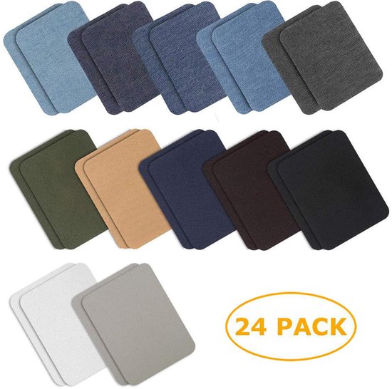 Een verzameling van 24 textielreparatie patches in verschillende denimkleuren en effen kleuren.