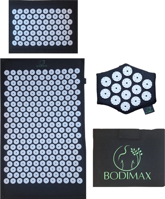Foto: Bodimax spijkermat met kussen acupressuur mat met spijkerkussen shakti mat ontspanningsmat met opbergtas massagehandschoen nl handleiding zwart