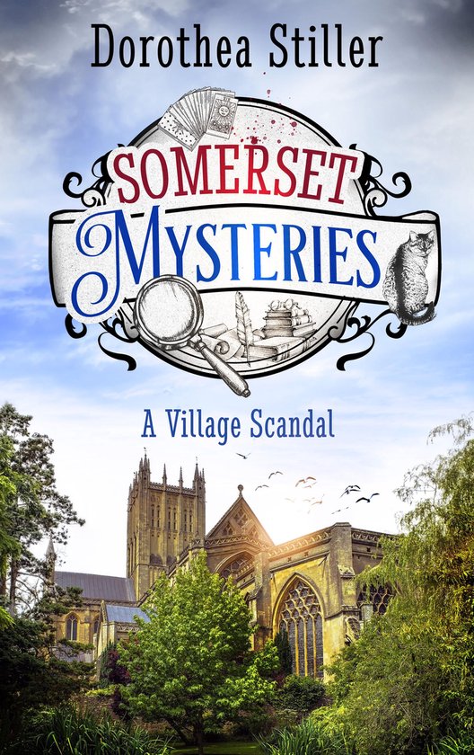 Couverture de livre 'Somerset Mysteries: A Village Scandal' avec un chat, une loupe et un bâtiment.