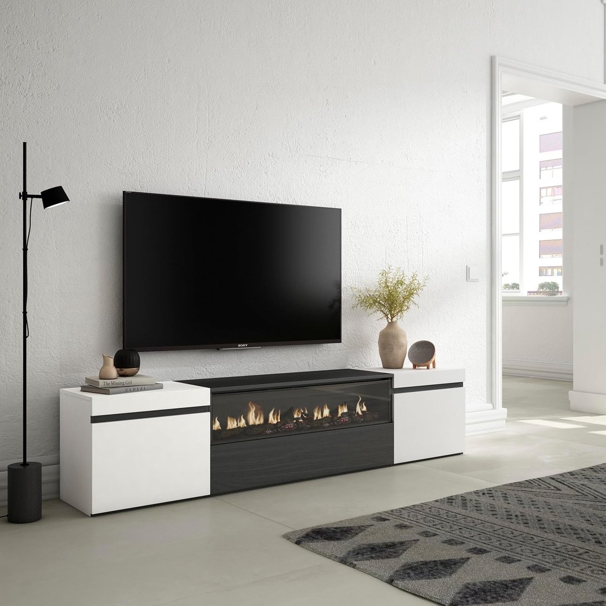 TV-meubel met elektrische haard – Urbanhome FlameView 200 cm Lowboard – Voor tv’s tot 80 inch – Modern TV-kast met 3D LED sfeerhaard – Wit/Zwart – Voor woonkamer & eetkamer