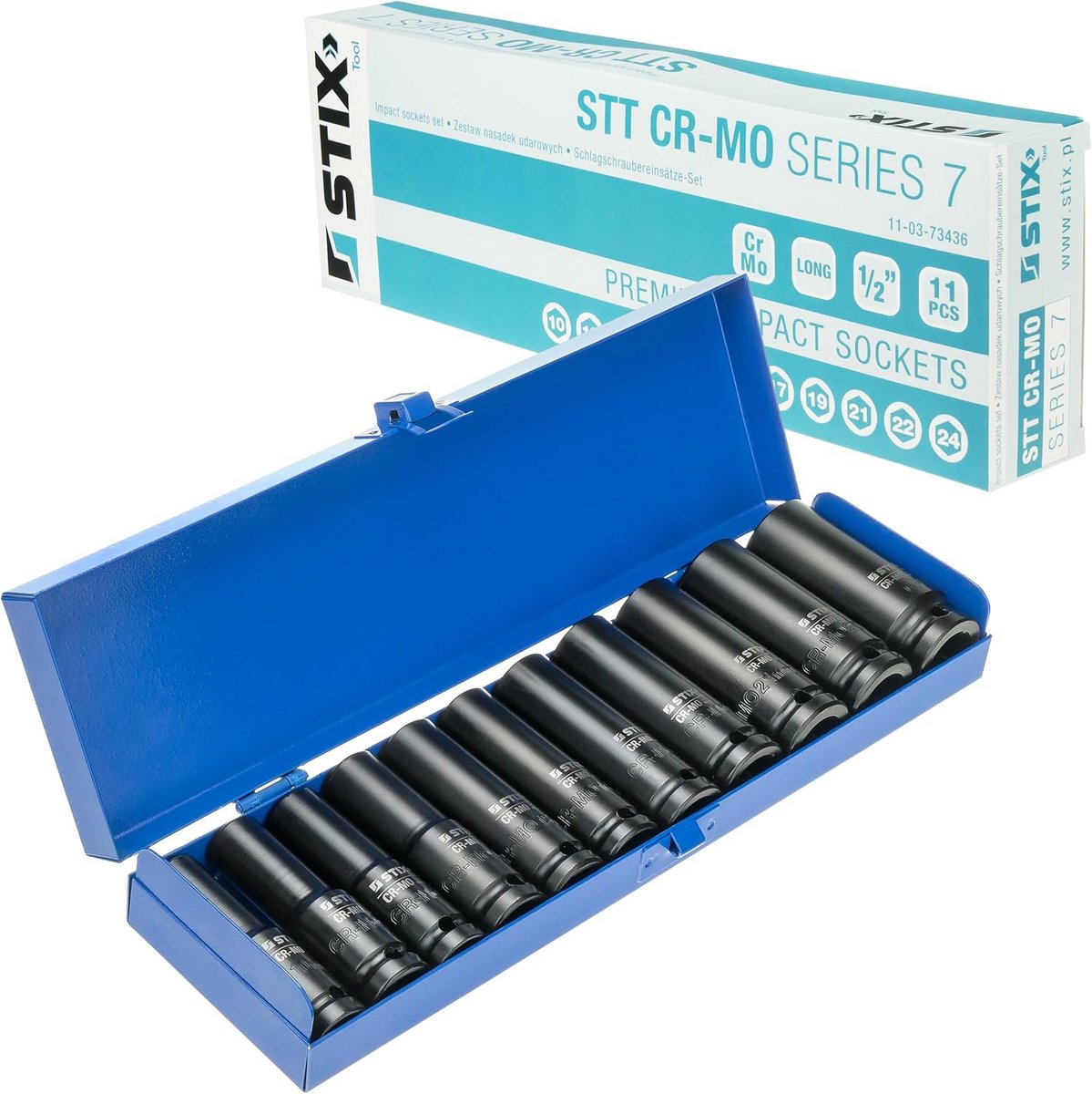 11-Delige 1/2" Slagmoersleutel Dopset - Lange Doppen 10-24 mm - CR-MO Staal in Metalen Cassette