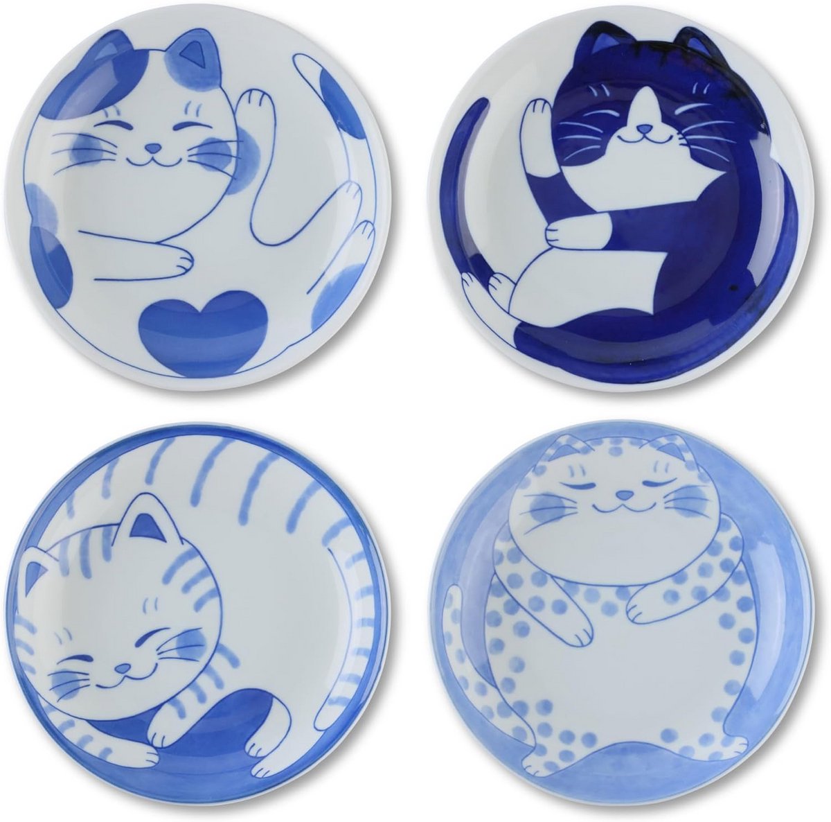 Set van 4 Japanse Keramiek Borden met Kattenontwerp - Dinerbord en Dessertbord