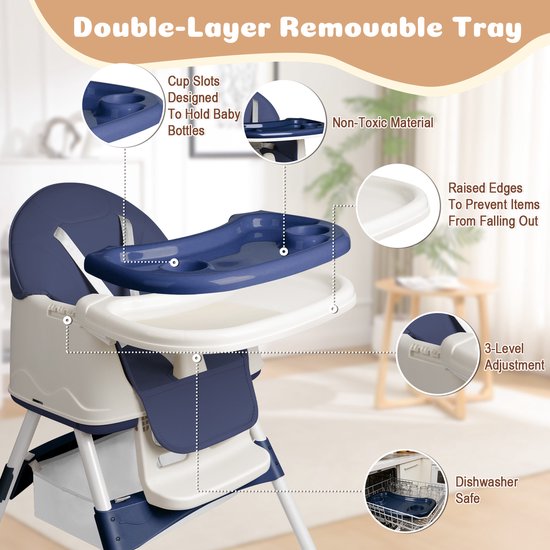 Soontrans - Compact Kinderstoel - Eetstoel Afneembare Wielen - 5-punts Gordel - Peuterstoel Uitneembaar Kussen - Meegroeistoel Aan Tafel met Opbergmand - Babystoel met Afneembare Eetblad - Blauw van Soontrans — afbeelding 4