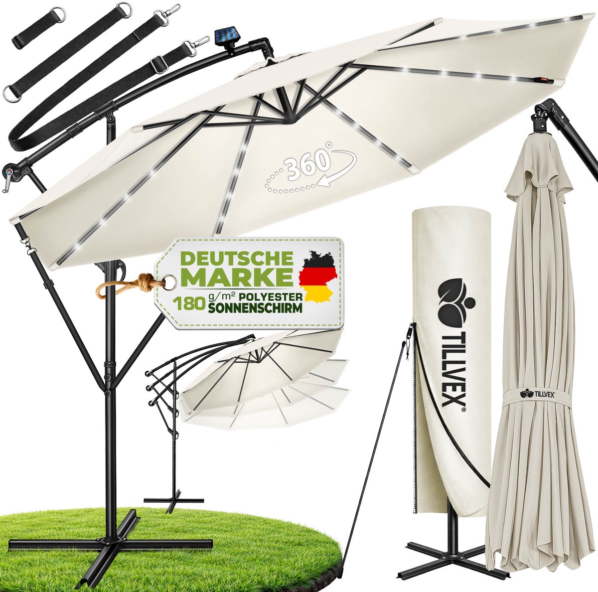 Tillvex - Parasol LED Solar Ø 3m Beige vrijdragende parasol balkon tuinparasol slinger aluminium