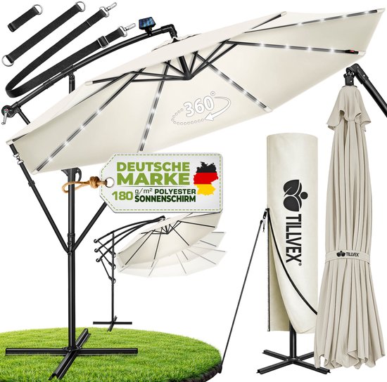 Beige zweefparasol met Duitse merklabel, 360° draaibaar, met hoes en windbescherming