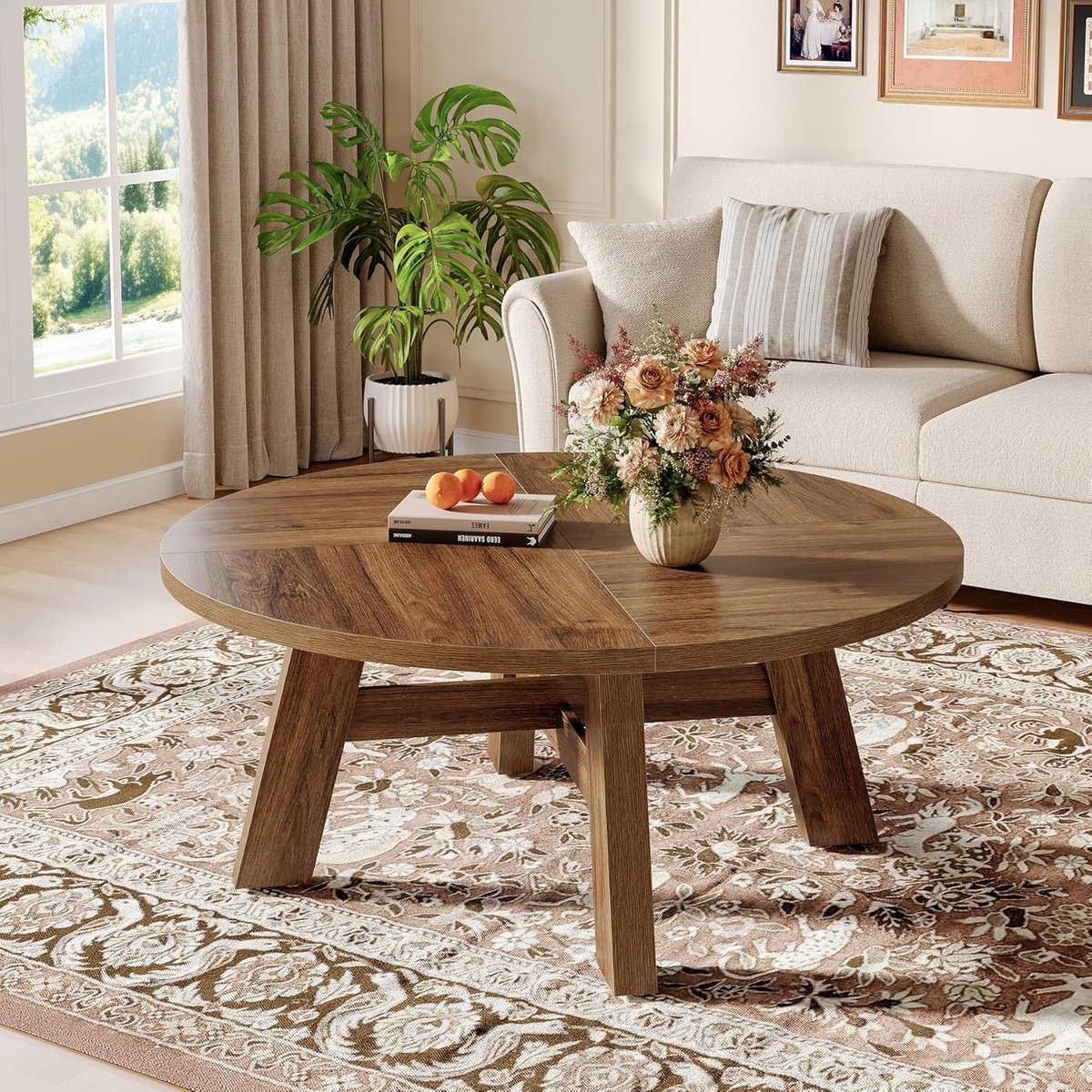 LITTLE TREE Ronde Salontafel 100 cm met Versterkte Kruissteun – Lage Houten Tafel voor Woonkamer – Bruin (Walnoot)
