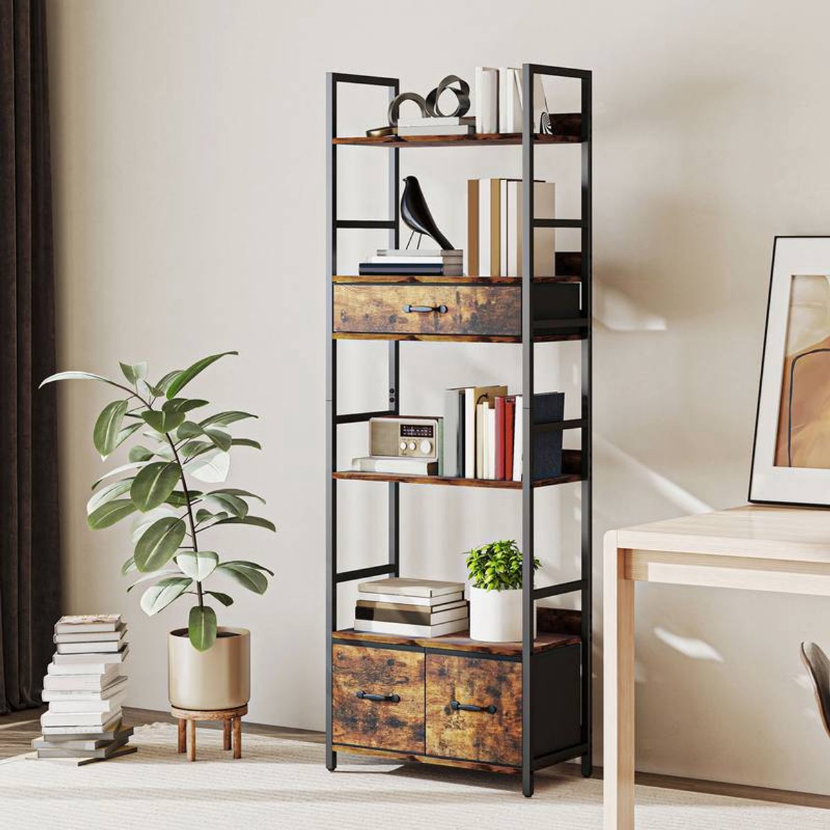 6-Laags Boekenkast met 4 Planken & 3 Stoffen Lades – Industrieel Opbergmeubel – 60 x 30 x 176 cm – Rustiek Bruin & Metaal – Voor Woonkamer, Kantoor & Slaapkamer