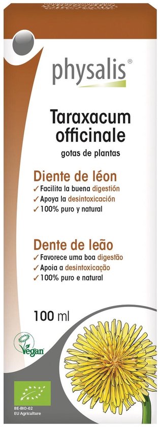Verpakking van Physalis Taraxacum officinale met de tekst "Diente de león" en "Dente de leão" en een afbeelding van een paardenbloem.